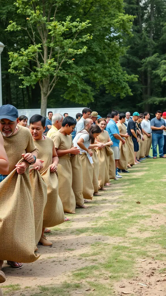 17 Fun Yard Games for Adults to Enjoy This Summer 14 A group of adults lined up for a sack race, wearing burlap sacks and preparing to compete.