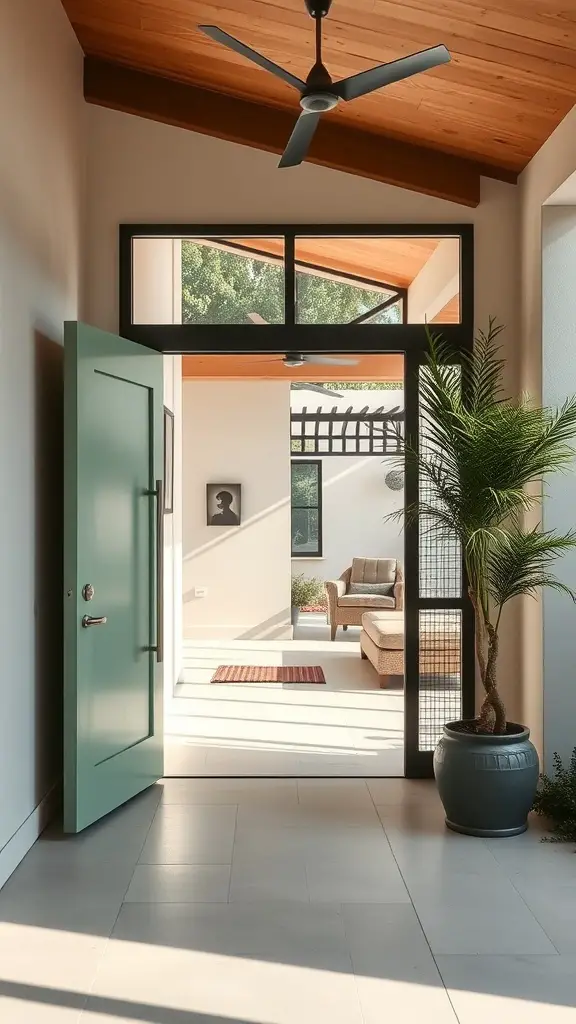 15 Stunning Sage Green Exterior Doors to Inspire Your Home Makeover 13 A sage green door leading into a bright, contemporary home with a cozy interior.