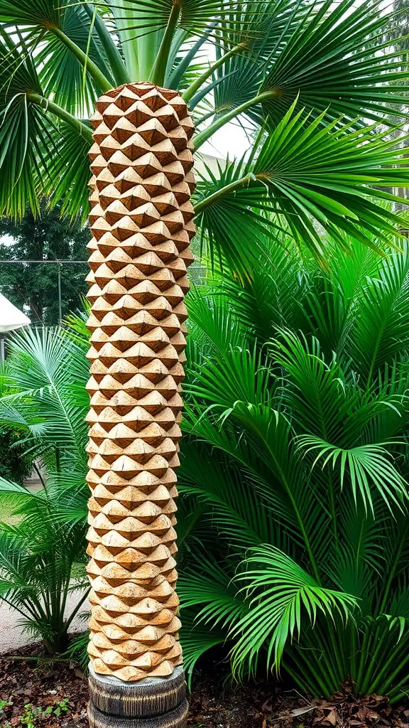 A Sago Palm with a thick textured trunk and lush green fronds