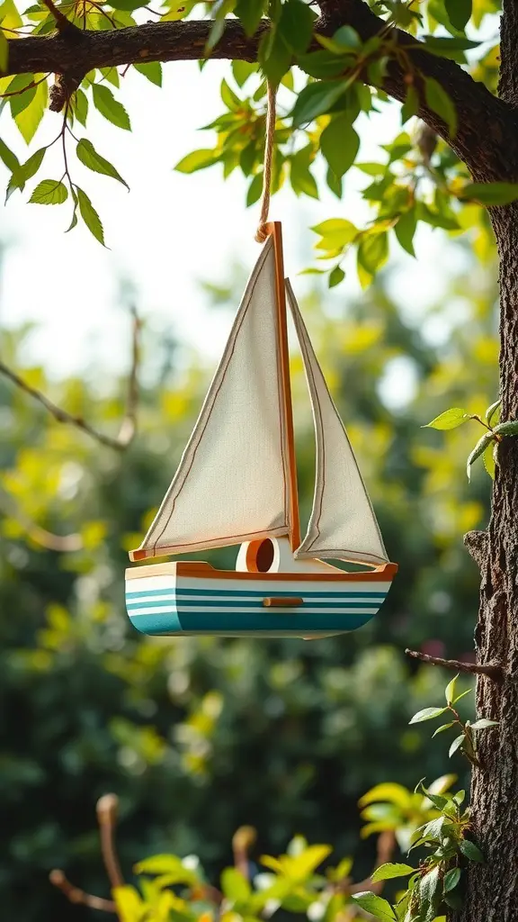 21 Creative Garden Ideas Using Used Boats 6 Colorful sailboat birdhouse hanging from a tree branch surrounded by green leaves