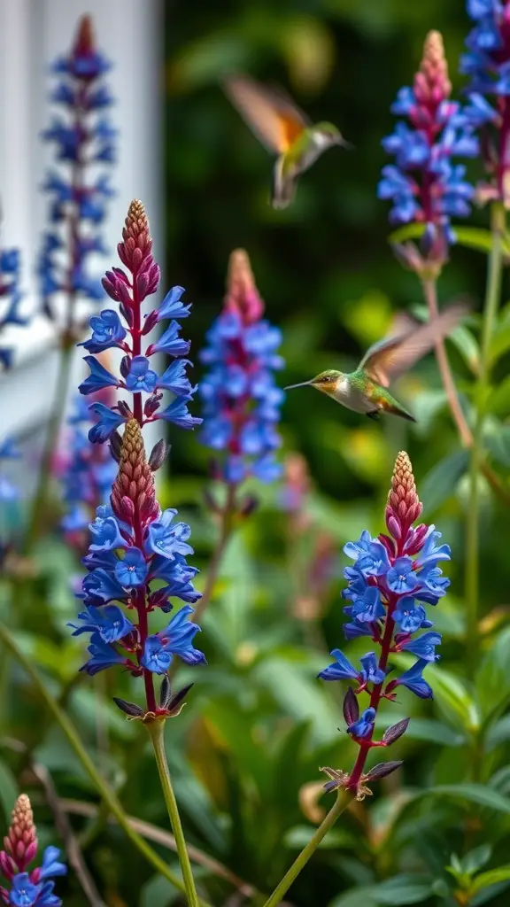 17 Long-Blooming Perennials for a Vibrant Garden Year-Round 13 Vibrant blue and purple Salvia flowers with a hummingbird hovering nearby.