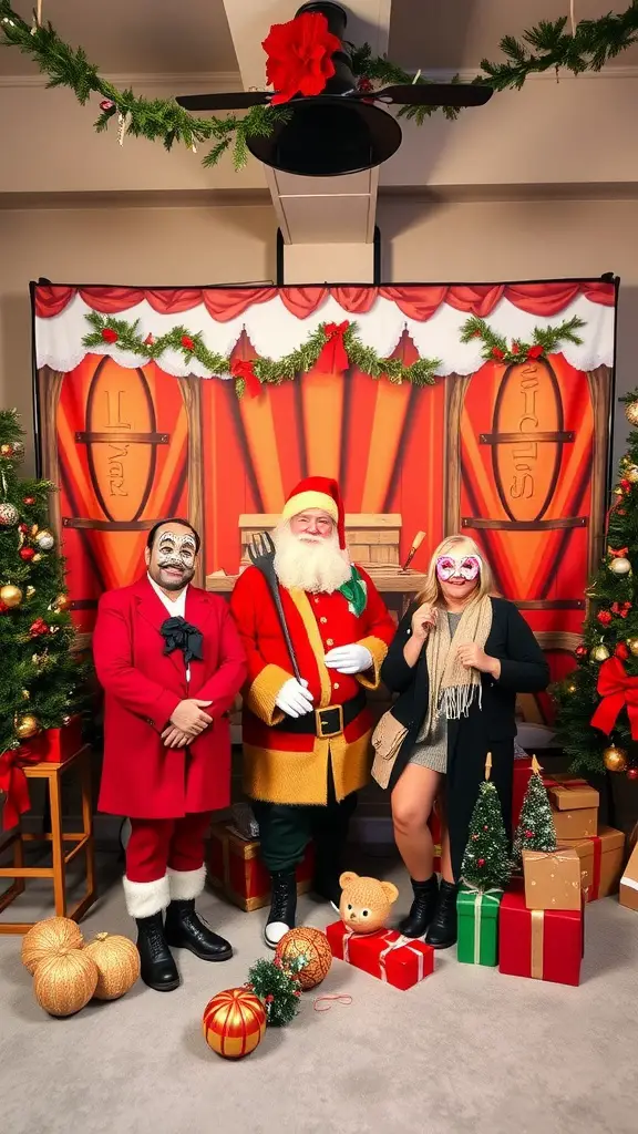 21 Creative Christmas Baby Shower Ideas You’ll Love 9 A festive photo booth scene featuring Santa and guests, decorated with Christmas elements.