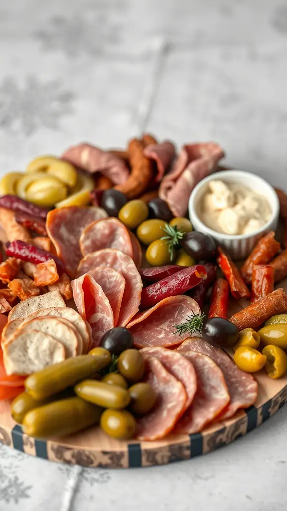 21 Stunning Grazing Table Ideas for Your Next Celebration 7 A beautifully arranged charcuterie board with various cured meats, olives, pickles, and a creamy dip.