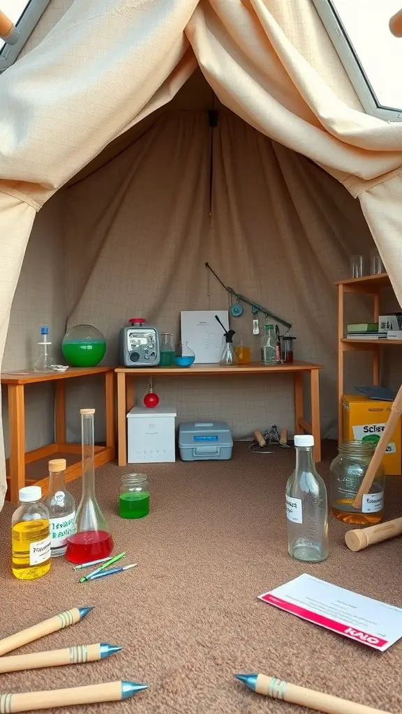 13 Creative Fort Ideas for Endless Indoor Fun 14 Cozy fort set up for science experiments featuring colorful liquids, laboratory tools, and observation notes.