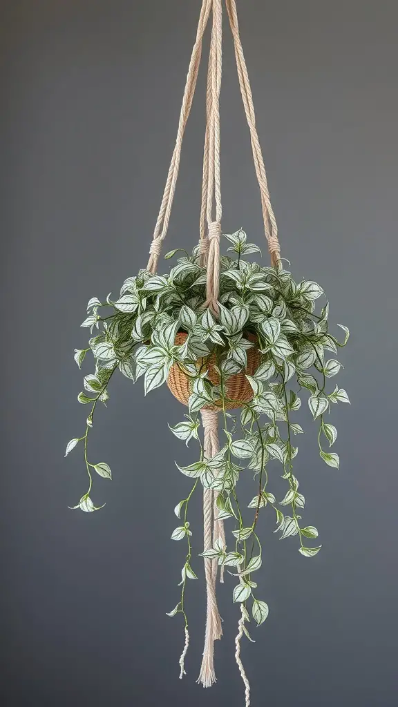 15 Stunning Indoor Hanging Plants to Transform Your Space 17 A hanging Scindapsus plant with trailing leaves in a woven basket, showcasing its silvery patterns against a neutral background.