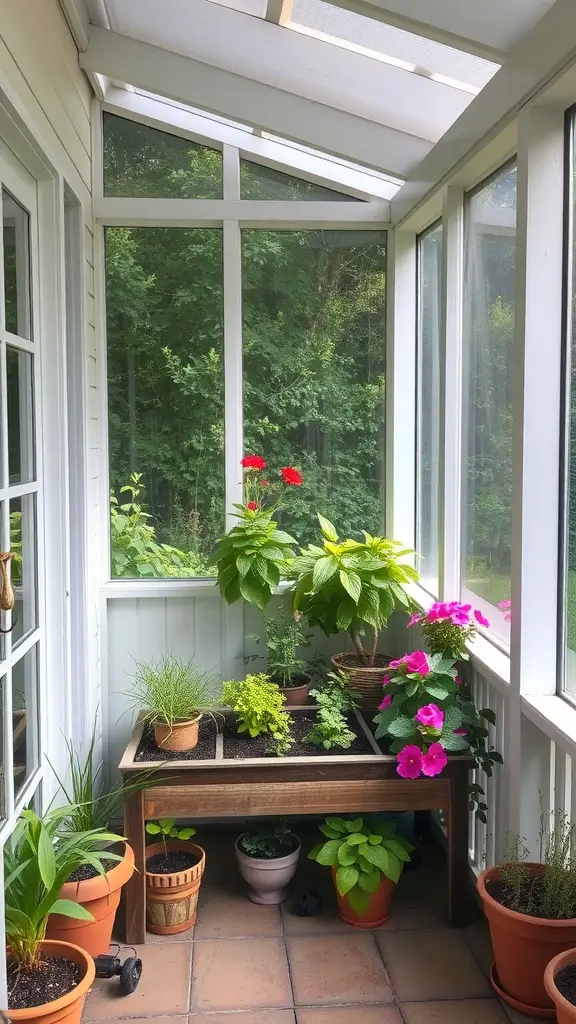 A cozy screened porch with a wooden table filled with various potted plants and flowers, surrounded by greenery outside.