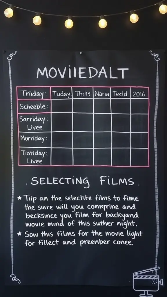19 Creative Ideas for Epic Backyard Movie Nights 15 Chalkboard with a movie schedule and tips for selecting films.