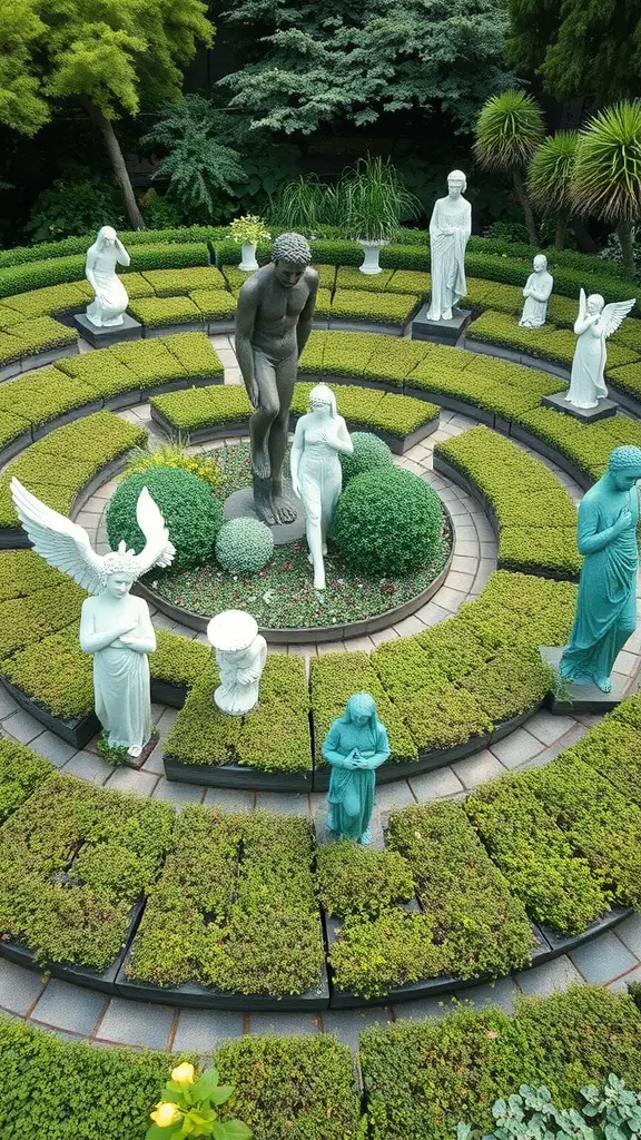 15 Stunning Labyrinth Garden Ideas for Your Outdoor Space 11 A circular garden with green hedges and various white statues, featuring a central figure surrounded by neatly trimmed bushes.