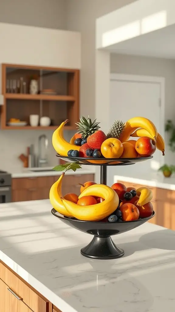 A sculptural fruit holder with bananas, oranges, strawberries, and blueberries on a kitchen island