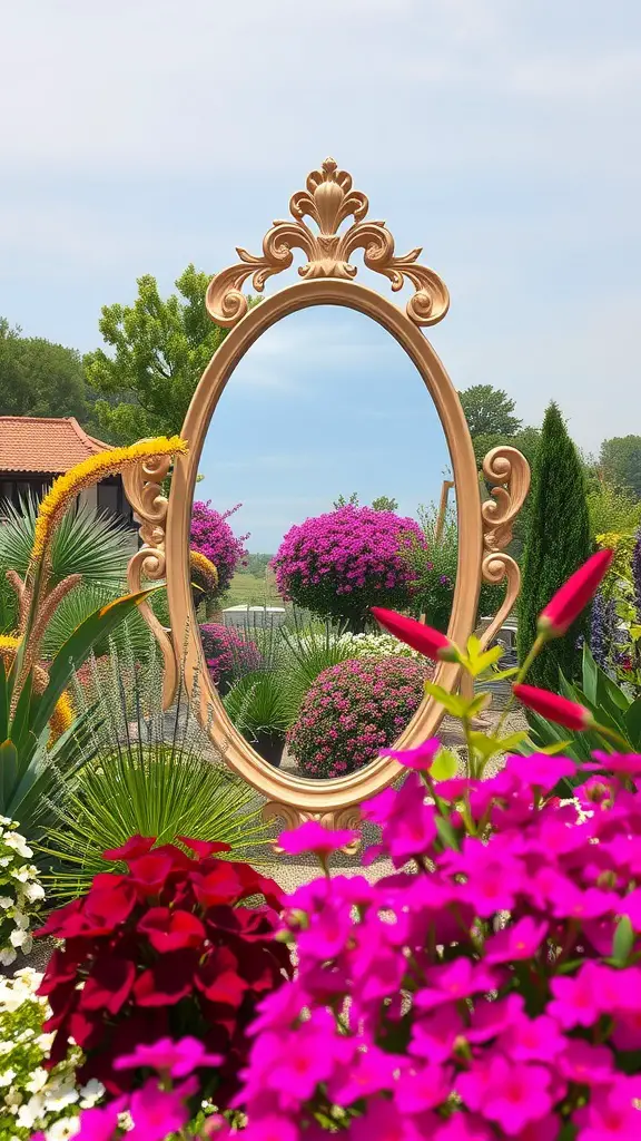 21 Stunning Garden Mirror Ideas to Transform Your Outdoor Space 15 A sculptural mirror surrounded by colorful flowers in a garden.