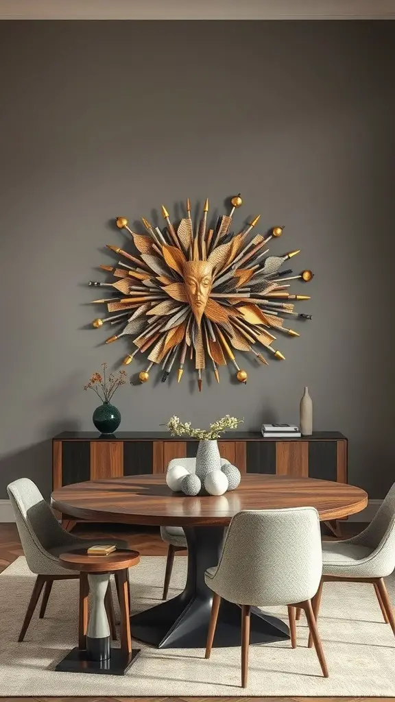 21 Stunning Dining Room Wall Decor Ideas to Transform Your Space 14 A sculptural wall art piece displayed over a round dining table, featuring a sunburst design with various textures and colors.