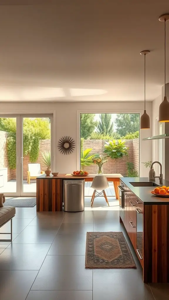 23 Stunning Open Kitchen Ideas for a Modern Home 7 A modern kitchen with large windows opening to an outdoor area filled with greenery.