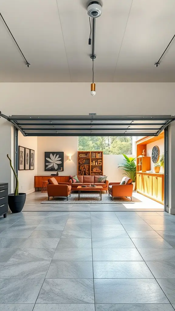 A modern garage with open doors, featuring a cozy living area inside, stylish furniture, and plants, showcasing a seamless indoor-outdoor transition.