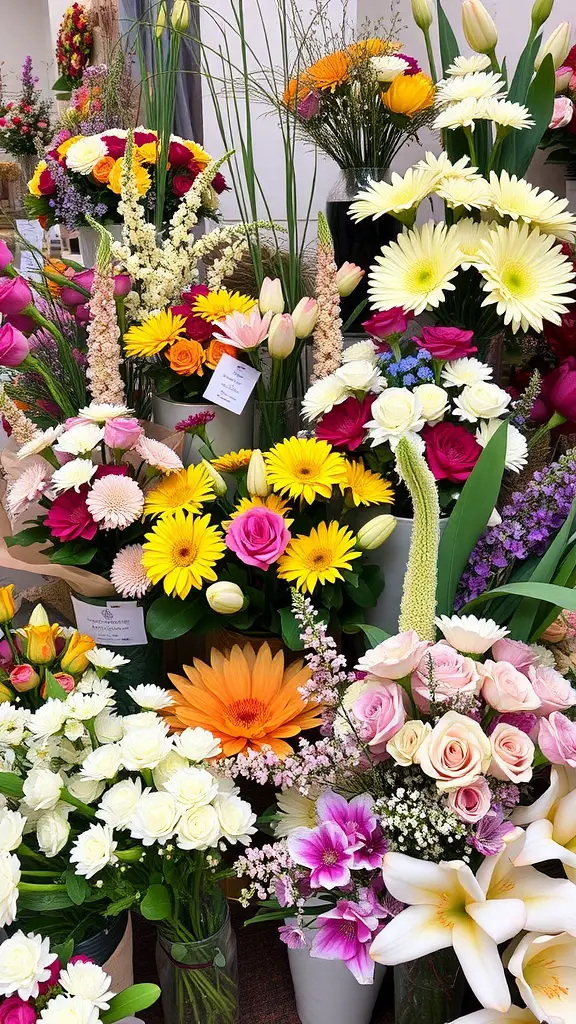 17 Stunning Flower Arrangement Ideas You’ll Love 16 A vibrant display of various flower arrangements including sunflowers, roses, tulips, and lilies.