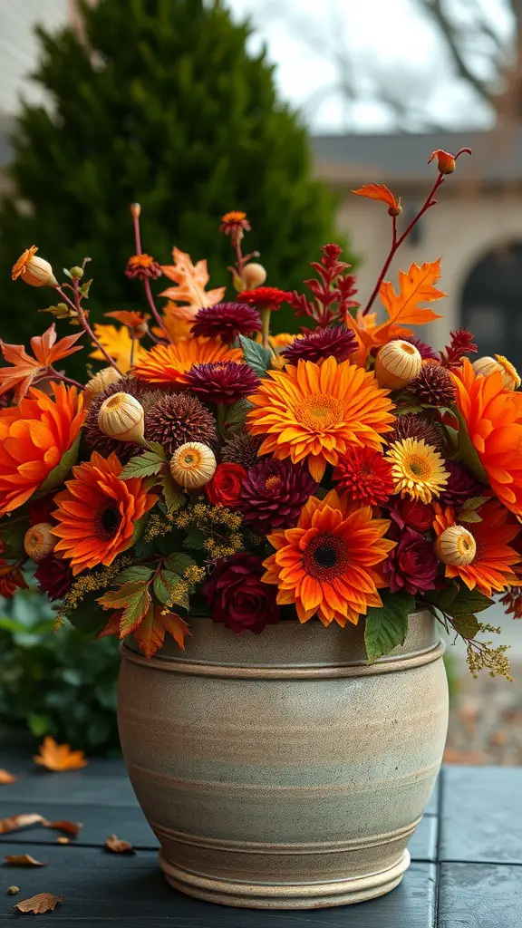 19 Stunning Wedding Floral Centerpieces to Inspire Your Big Day 16 A vibrant autumn floral centerpiece featuring sunflowers, red blooms, and autumn leaves in a textured pot.
