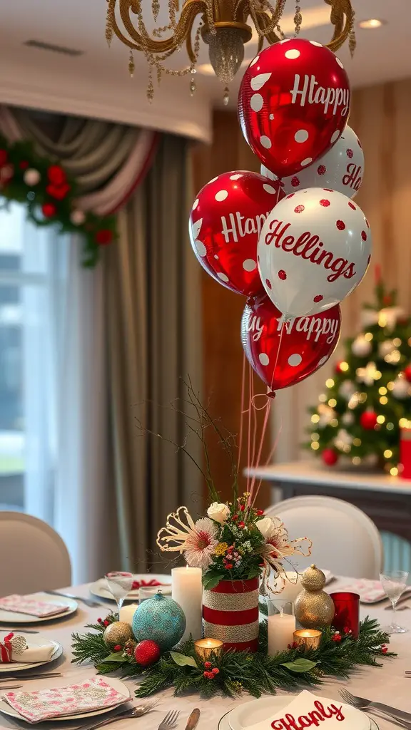 A festive table centerpiece featuring red and white balloons with holiday messages, surrounded by candles and ornaments.