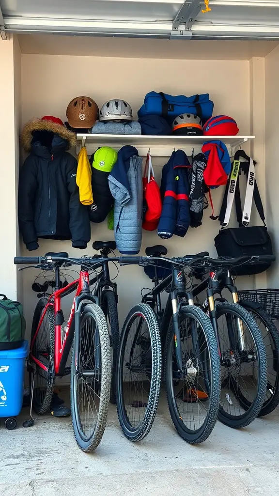 21 Creative Bike Storage Ideas for Small Spaces 14 A garage space showing organized bike storage with three bikes and various winter gear.