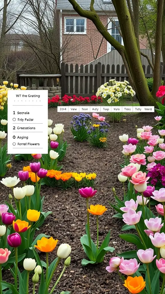 19 Stunning Floral Garden Ideas Featuring Beautiful Bulbs 17 A colorful garden featuring various blooming flowers, including tulips and daffodils.