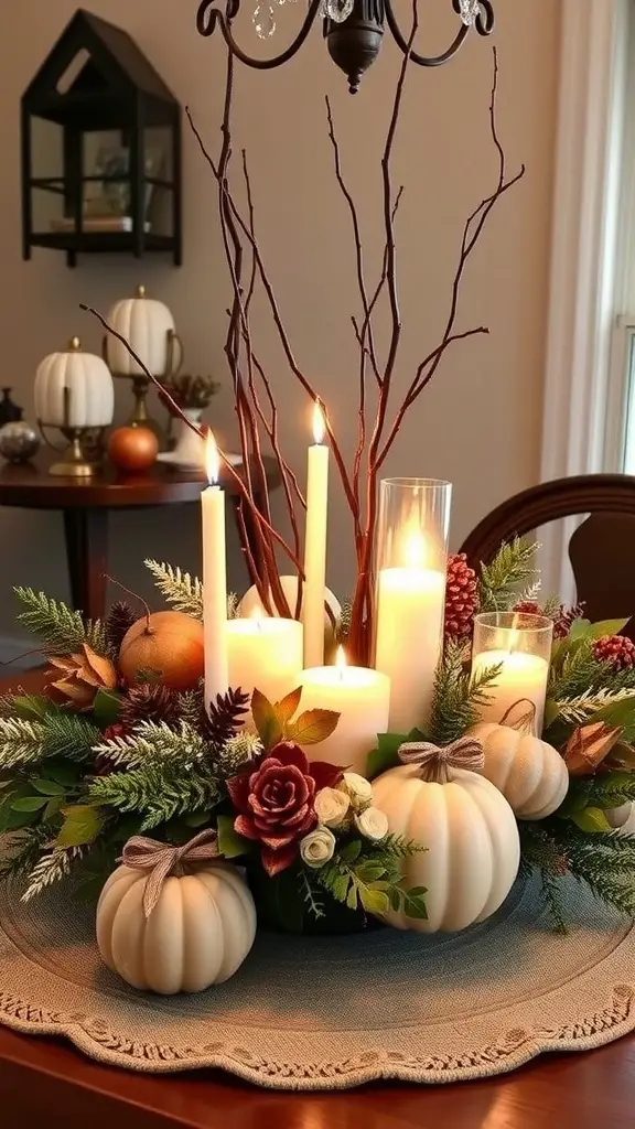 A seasonal centerpiece featuring candles, pumpkins, and greenery on a table.