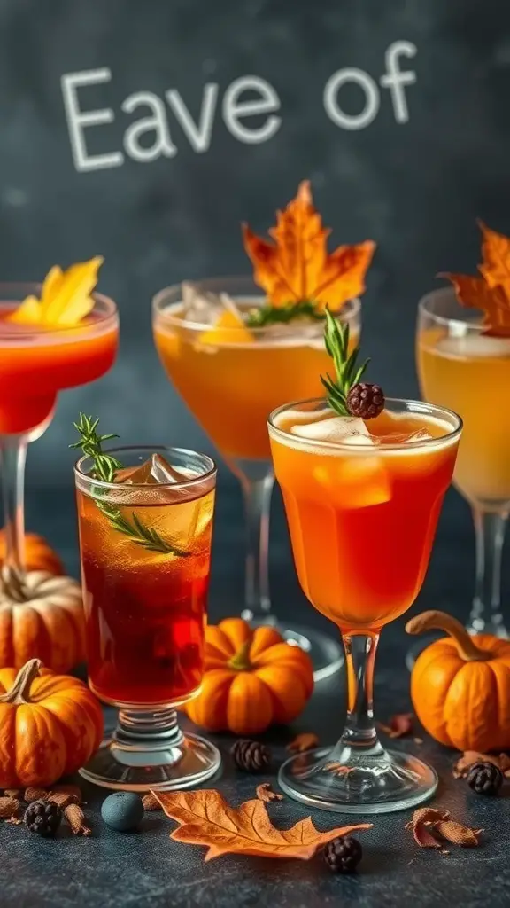 A variety of colorful fall cocktails surrounded by pumpkins and autumn leaves.