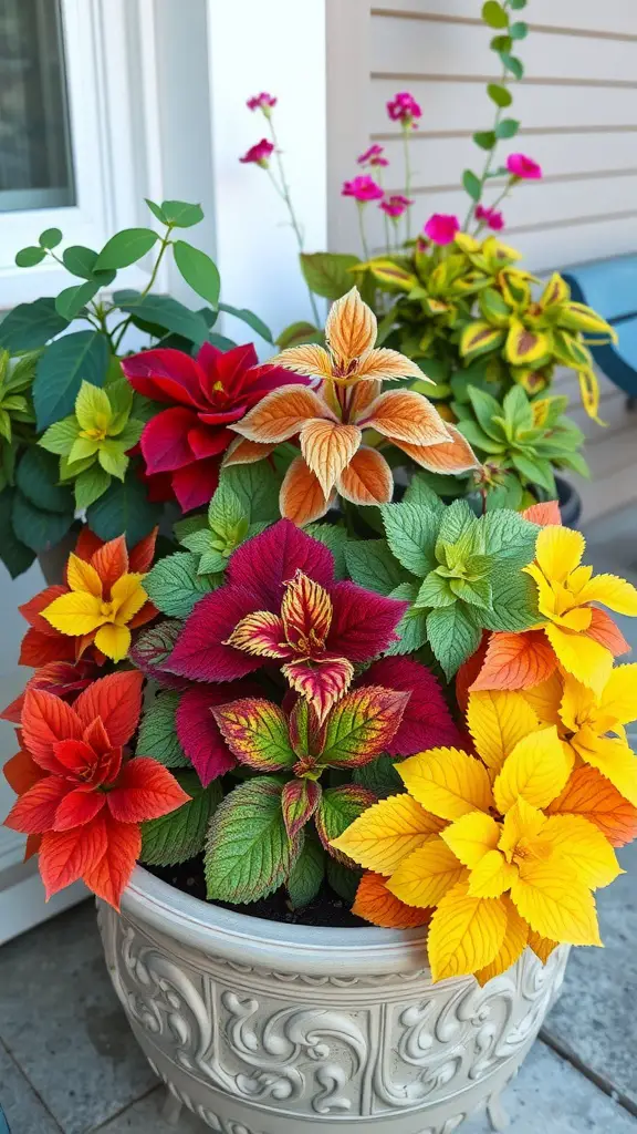 21 Stunning Coleus Planter Ideas to Transform Your Garden 16 A colorful planter filled with various coleus plants, featuring shades of red, yellow, and orange, alongside other flowering plants.