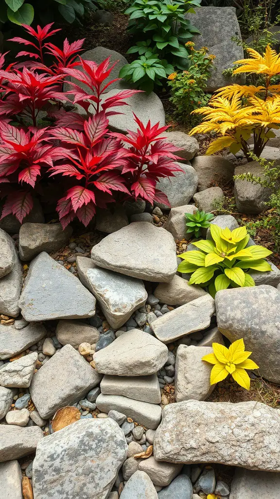 19 Stunning Rock Garden Landscaping Ideas to Transform Your Outdoor Space 16 A colorful rock garden featuring red, yellow, and green plants among stones.