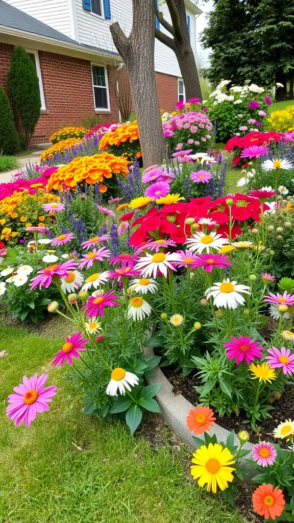21 Creative Sloped Backyard Landscaping Ideas You’ll Love 14 A colorful flower garden featuring pink, orange, yellow, and white flowers in a sloped landscape.