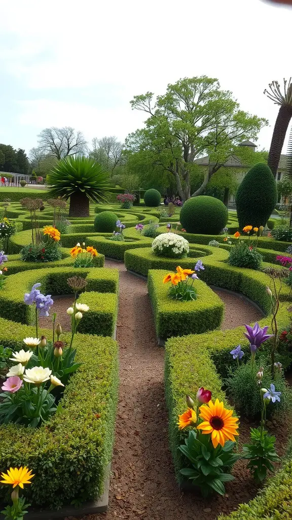 15 Stunning Labyrinth Garden Ideas for Your Outdoor Space 12 A seasonal color labyrinth garden featuring neatly trimmed hedges and vibrant flowers in various colors.