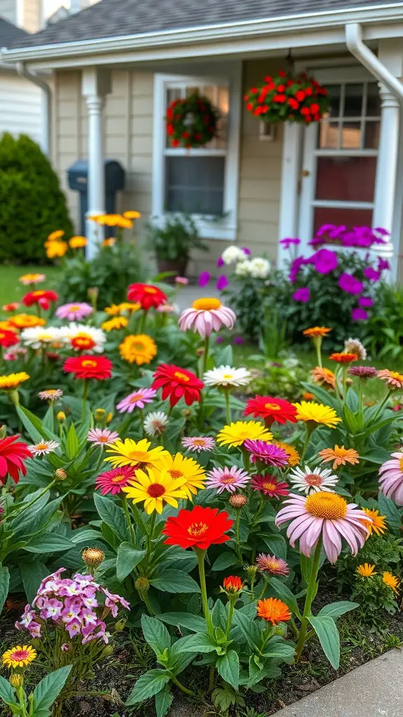 19 Stunning Small Front Yard Landscaping Ideas 14 Vibrant front yard filled with multicolored annual flowers, showcasing red, yellow, and purple blooms.