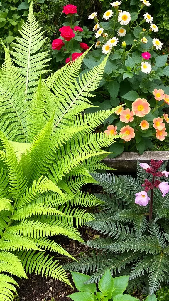 15 Creative Fern Garden Ideas for a Lush Outdoor Retreat 13 A vibrant garden featuring various ferns and colorful flowers.