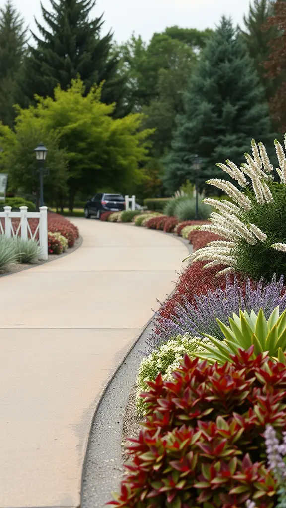 21 Stunning Long Driveway Landscaping Ideas You’ll Love 16 A picturesque long driveway lined with colorful perennial plants and shrubs