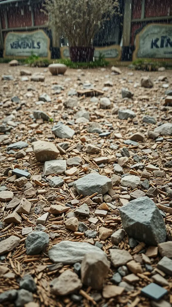 15 Innovative Dry Rock Bed Ideas for Effective Drainage Solutions 15 A dry rock bed with various sizes of stones and wood chips, suitable for drainage.