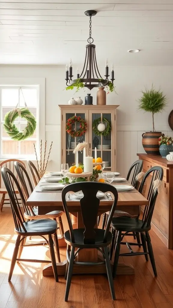19 Stunning Modern Farmhouse Dining Room Ideas You’ll Love 17 A modern farmhouse dining room featuring a wooden table, black chairs, seasonal decor with wreaths, oranges, and greenery.