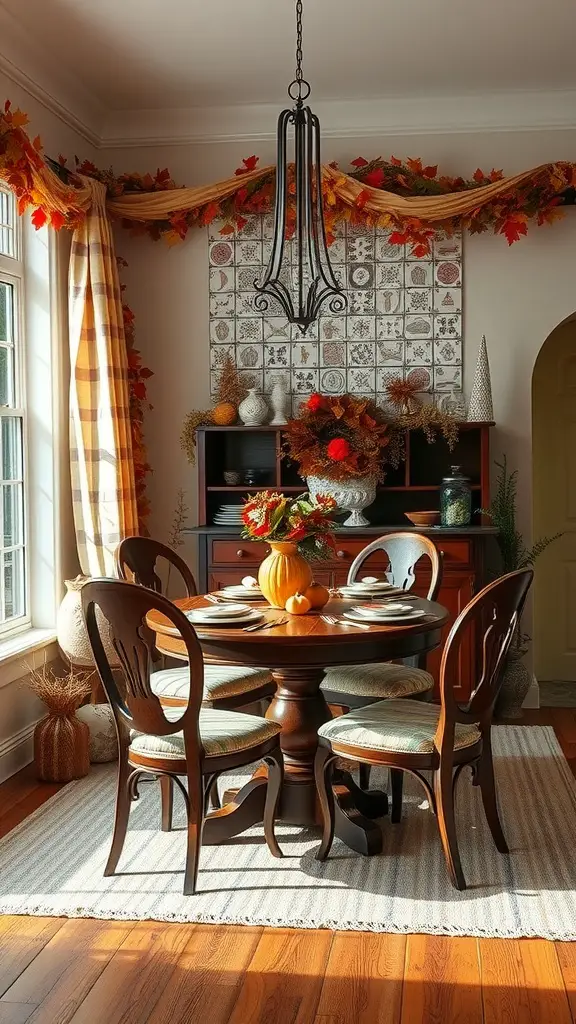 17 Cozy Dining Nook Ideas for Your Home 16 A cozy dining nook decorated for fall with a wooden table, chairs, and autumn leaves.