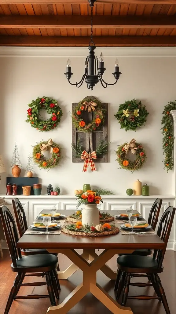 21 Stunning Dining Room Wall Decor Ideas to Transform Your Space 6 A dining room with seasonal decor including wreaths on the wall and a beautifully set table.