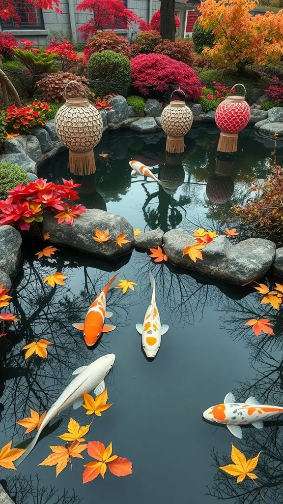 19 Stunning Koi Pond Ideas for Your Backyard Oasis 12 A beautifully decorated koi pond in autumn with floating leaves and lanterns.