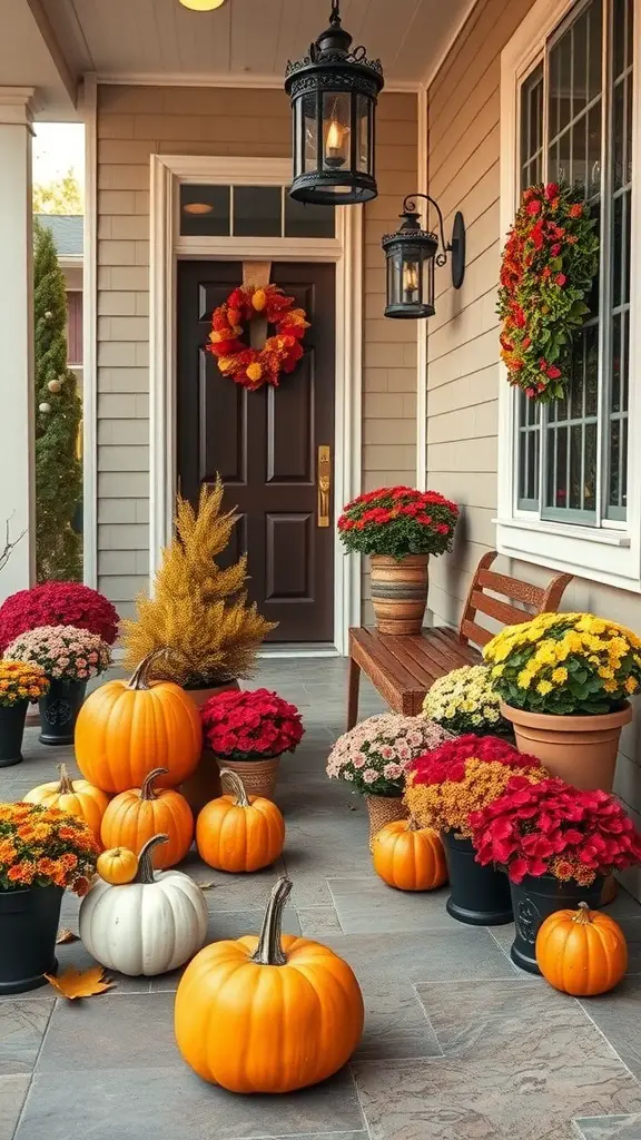 23 Affordable Backyard Patio Ideas to Transform Your Outdoor Space 14 A fall-themed patio with pumpkins and colorful flowers.