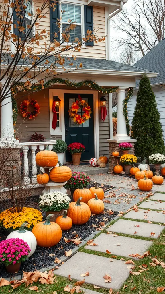 13 Simple Landscaping Ideas for Your Front Yard 13 A beautifully decorated front yard for fall with pumpkins, flowers, and seasonal decor.