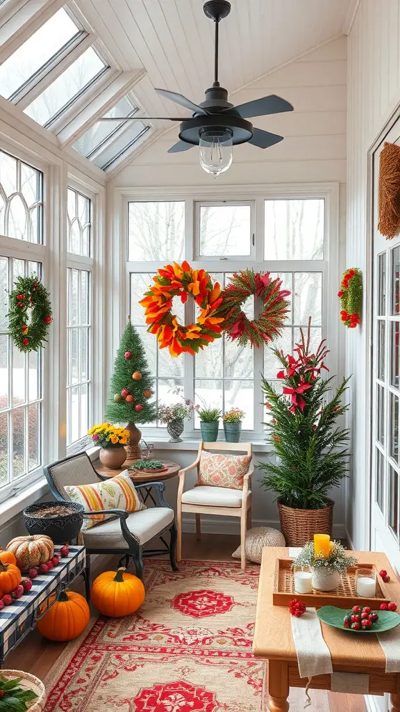 19 Stunning Indoor Sunroom Ideas You’ll Love 15 Cozy sunroom decorated with seasonal decor including wreaths, a Christmas tree, pumpkins, and colorful cushions.