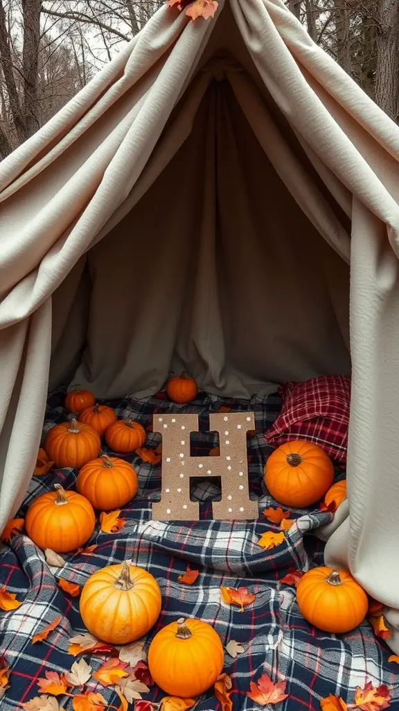 23 Creative Blanket Fort Ideas for Ultimate Cozy Fun 12 Cozy blanket fort decorated with pumpkins and autumn leaves