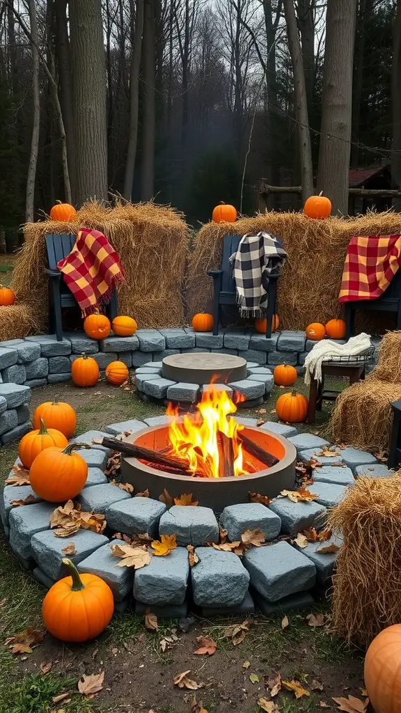 17 Stunning Outdoor Fire Pit Area Ideas for Cozy Gatherings 6 Cozy outdoor fire pit area decorated with pumpkins and hay bales for fall.
