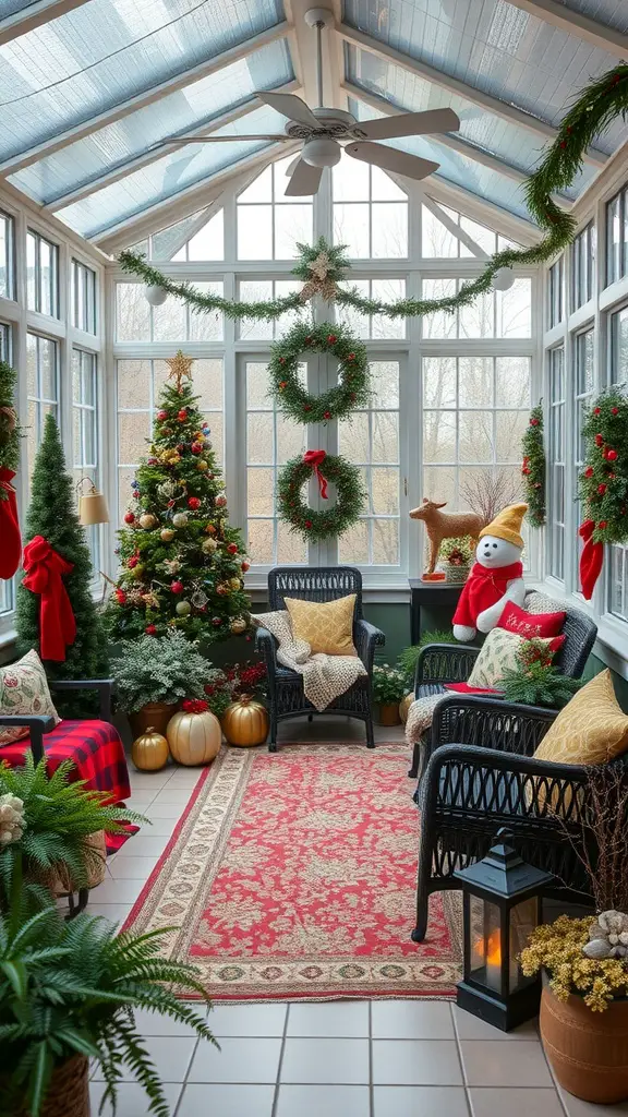 A beautifully decorated sunroom for Christmas, featuring a tree, wreaths, and cozy seating.