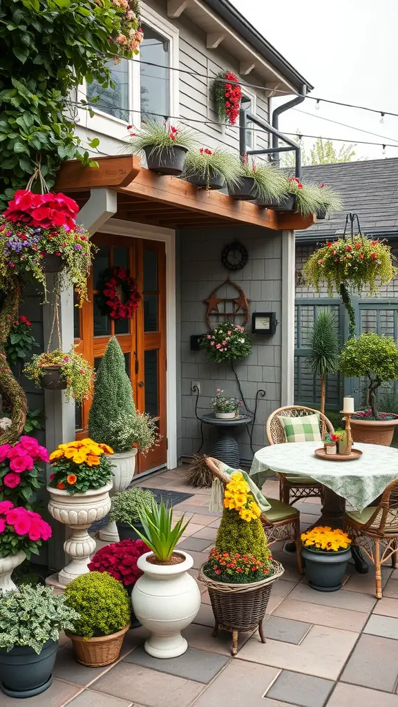 13 Creative Terrace Garden Ideas for Your Home 13 A colorful terrace garden with potted flowers and a cozy seating area, showcasing seasonal decor.