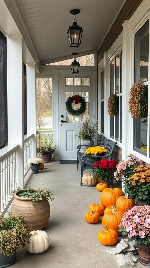 Cozy screened-in porch decorated with pumpkins and colorful flowers for autumn