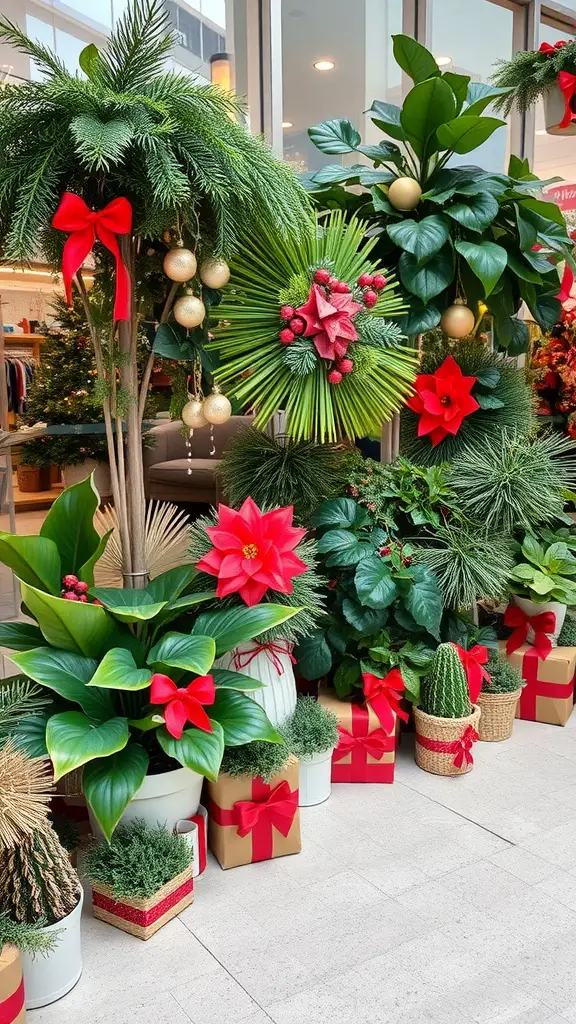 Seasonal indoor plant decor with red bows and festive decorations