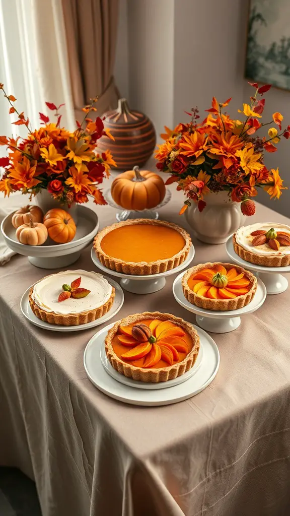 A beautiful dessert table with seasonal treats for a fall bridal shower featuring pumpkin pies, tarts, and colorful floral arrangements.