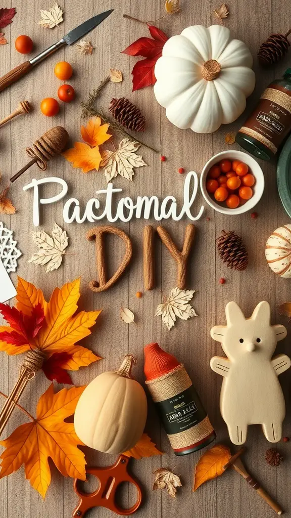 A collection of fall DIY craft supplies including pumpkins, leaves, and decorative items.