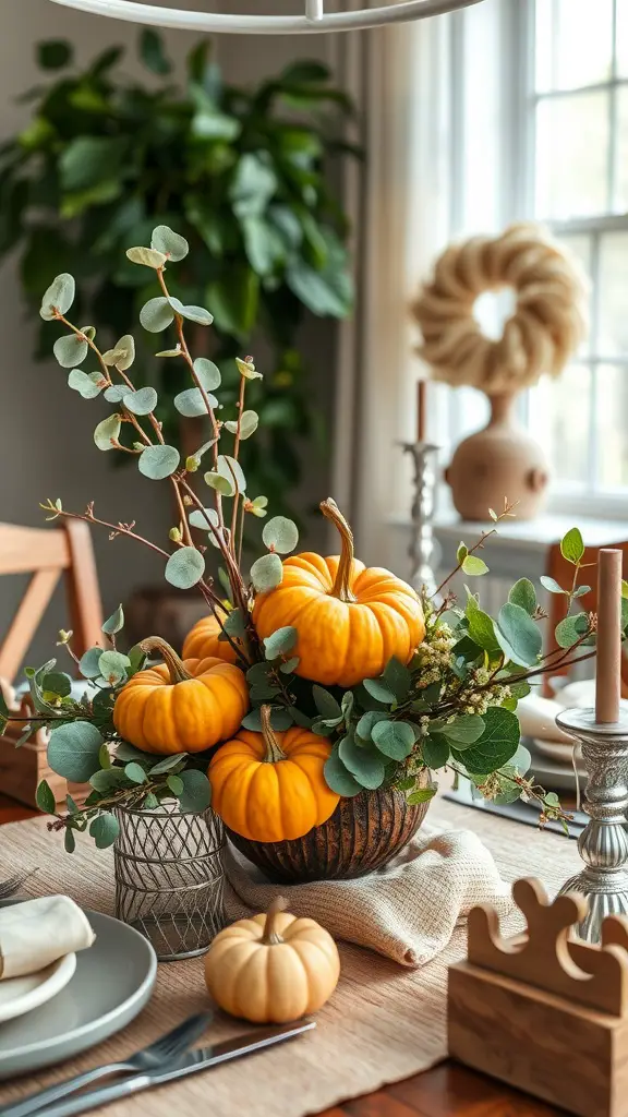 25 Stunning Eucalyptus Centerpiece Ideas for Every Occasion 12 A cozy dining table with a centerpiece of pumpkins and eucalyptus
