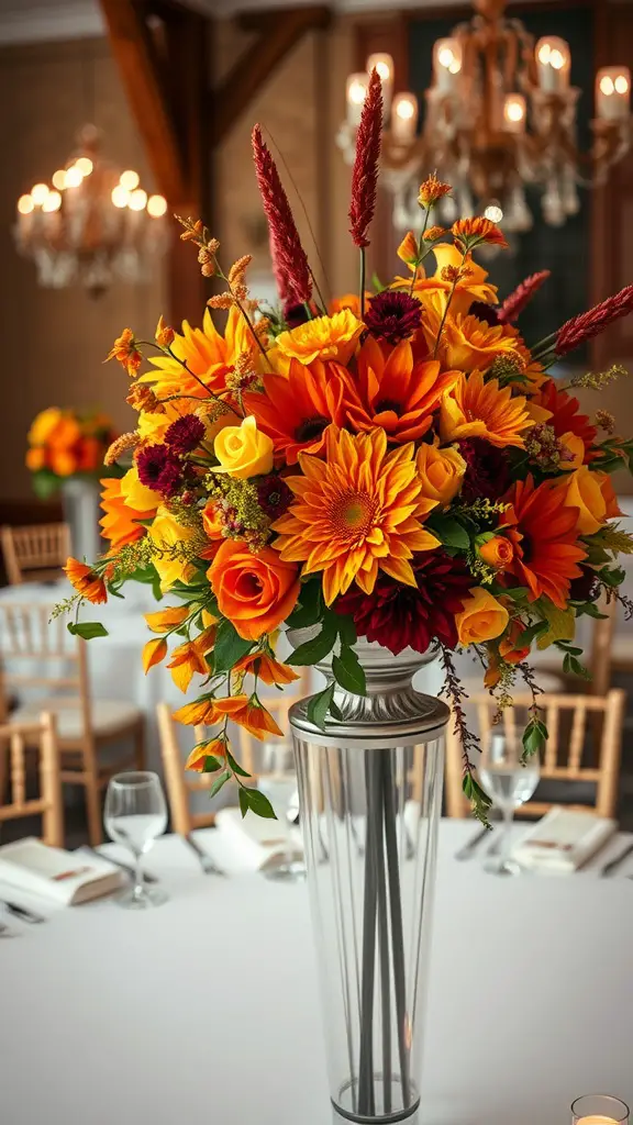 A vibrant fall floral arrangement featuring sunflowers, roses, and dahlias in warm colors, displayed in a modern vase.