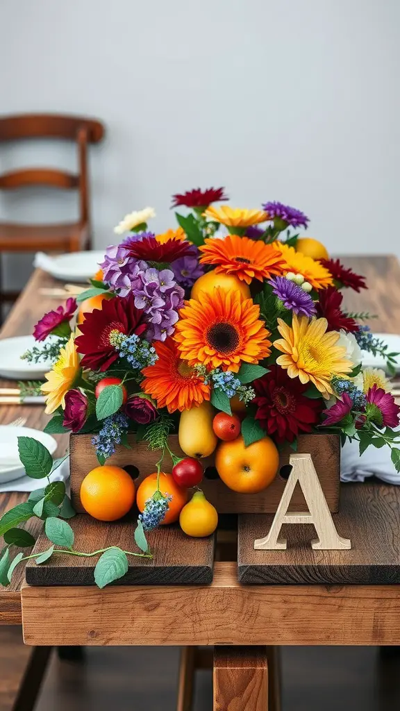 25 Stunning Wedding Table Centerpieces to Inspire Your Big Day 5 A vibrant wedding table centerpiece featuring colorful flowers and a mix of seasonal fruits.